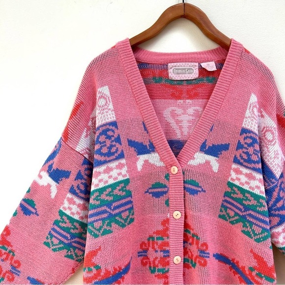 Vintage Pink 80s 90s Lindsay Gray Cardigan Sweater Made in Korea, Size Medium - Picture 3 of 14